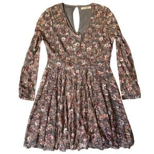 Rewind Women Dress L Gray Pink Floral Fit & Flare Lace Long Sleeve Knee Length